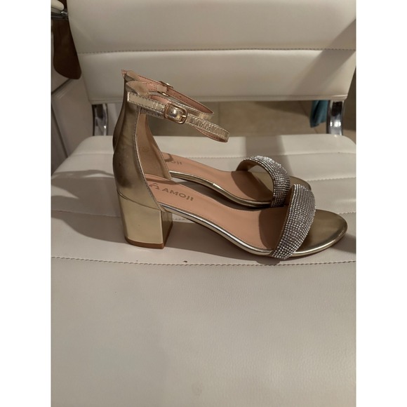 Amoji Womens Gold Rhinestone Block Heel Ankle Strap Sandals Size 37 US 6.5 - Picture 3 of 9